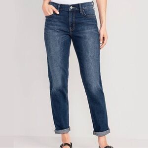 Dark-Wash Denim Mid-Rise Boyfriend Straight Jeans